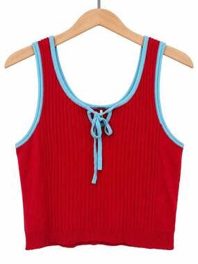 Free People Cherry Red XL Ribbed Tie Front Tank Aqua Trim Bow Keyhole Coquette
